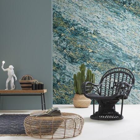Papier peint panoramique marbre Sarrancolin turquoise & or