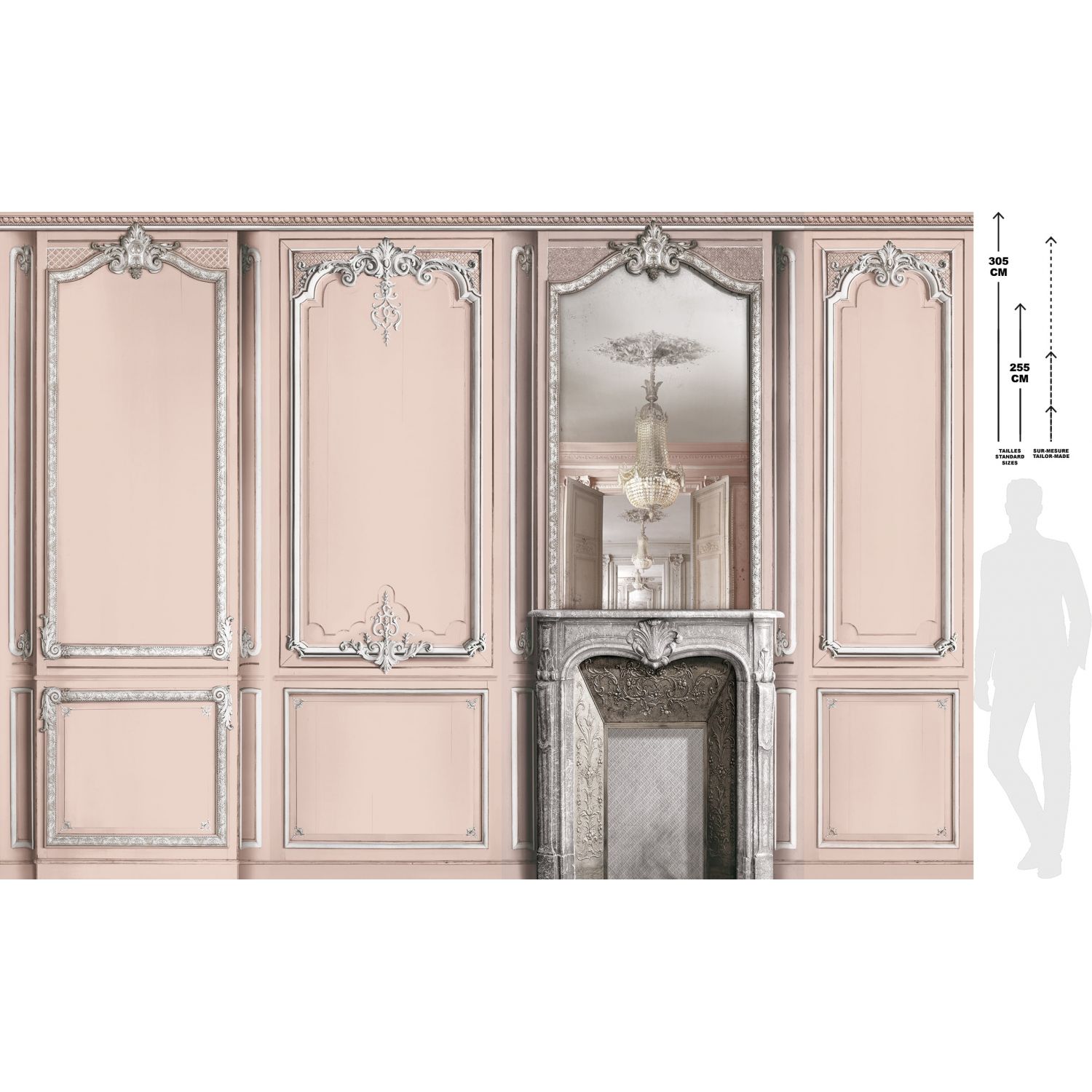 Light pink pastel fireplace with mirror and haussmannian panel 133cm