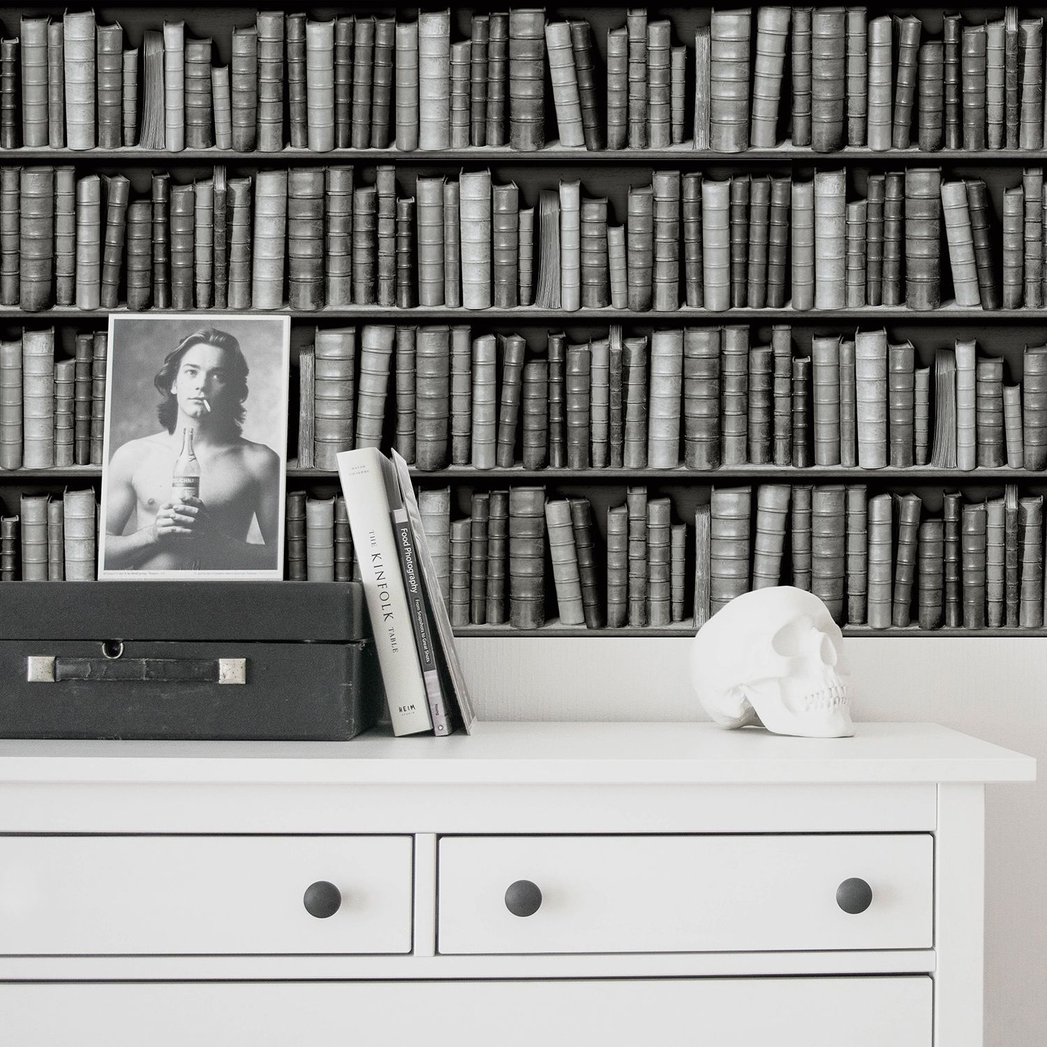 Black and white bookshelves wallpaper