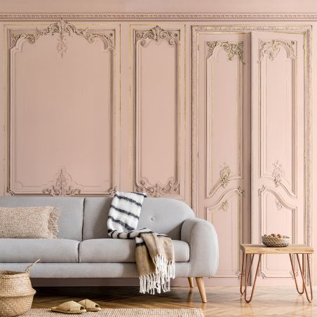 Panoramic wallpaper Haussmann-style apartment wood panelling. Pink nymphea kit