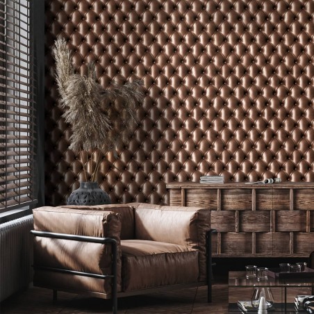 Chocolate brown tufted leather wallpaper