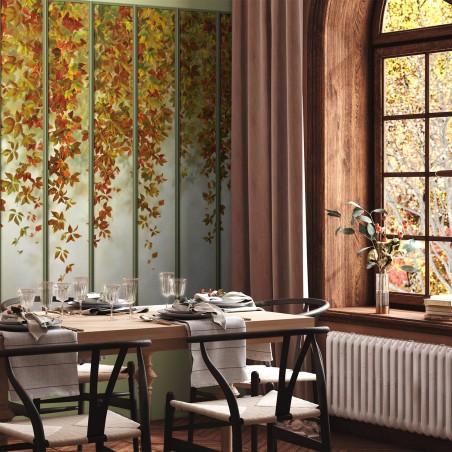 Autumnal wide loft windows panoramic wall mural - Sage green