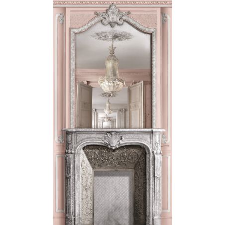 Décor boiserie Haussmannienne pastel rose poudré cheminée avec miroir 133cm