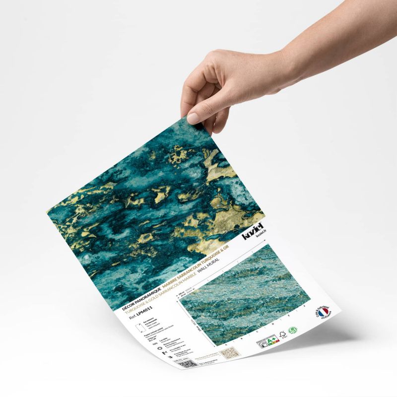 Papier peint panoramique Marbre Sarrancolin turquoise & or - Echantillon
