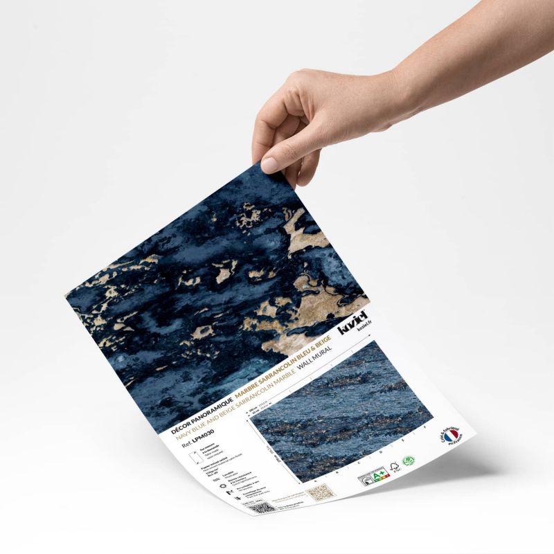 Papier peint panoramique Marbre Sarrancolin bleu marine & beige - Echantillon