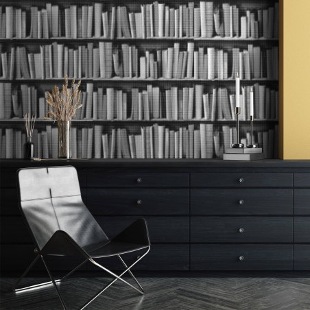 Black and white halftone bookshelves wallpaper