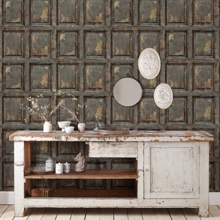 English antique wood paneling wallpaper - charcoal gray