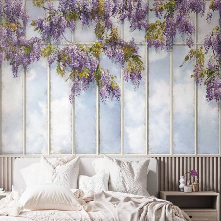 Loft windows covered with wisteria panoramic wallpaper - Large