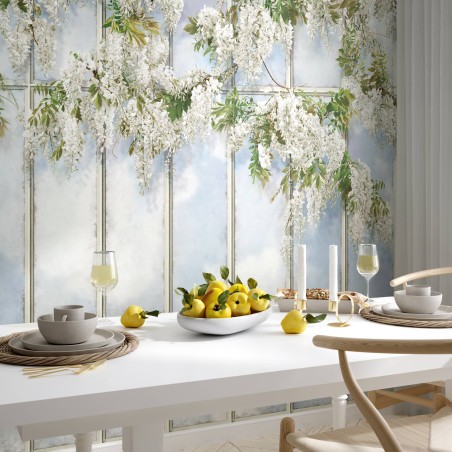 Loft windows covered with white wisteria panoramic wallpaper - Large