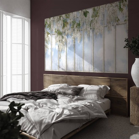 Loft windows covered with white wisteria panoramic wallpaper - Small
