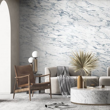 Papier peint panoramique marbre Arabescato blanc & bleu