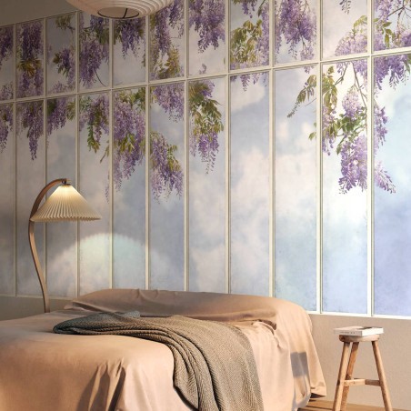 Large loft window with view on purple wisteria wallpaper
