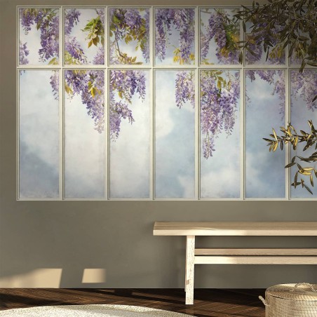 Small loft window with view on purple wisteria wallpaper