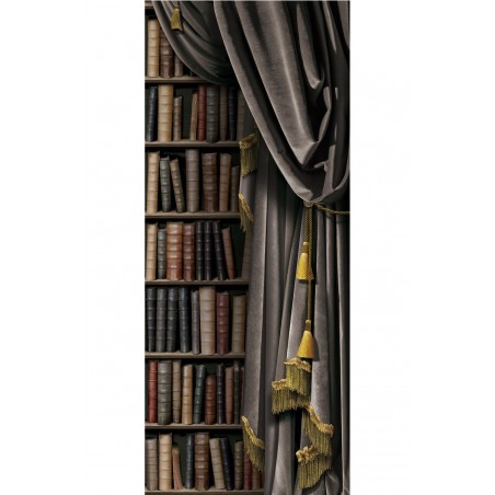 Right grey curtains with bookshelves mural